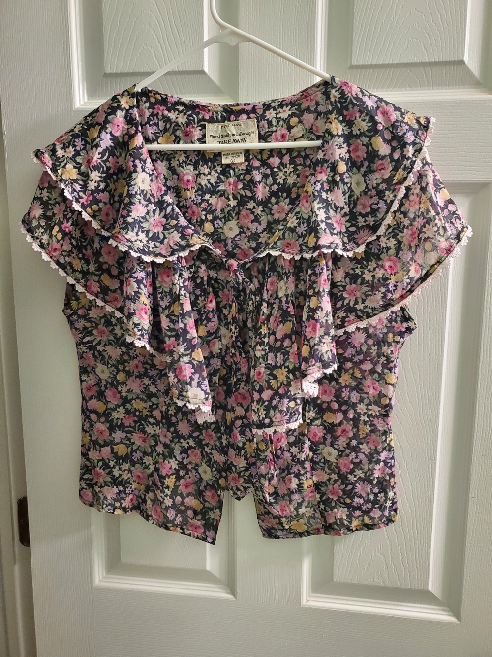 Navy Floral Ruffle Cap-Sleeve Blouse with Pink Flowers